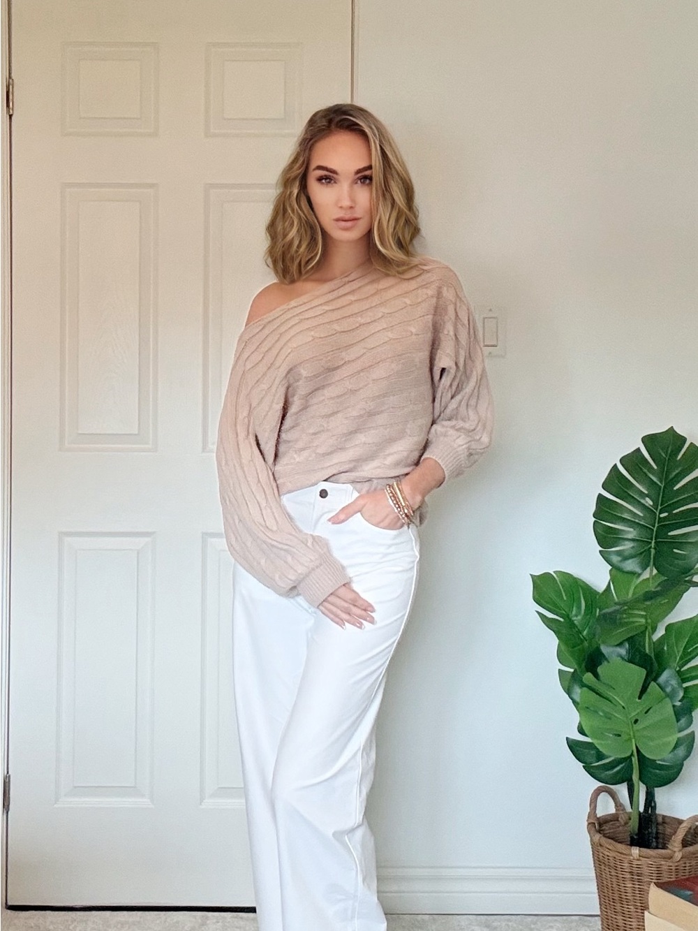 Off-Shoulder Cable Knit Sweater in Dusty Rose